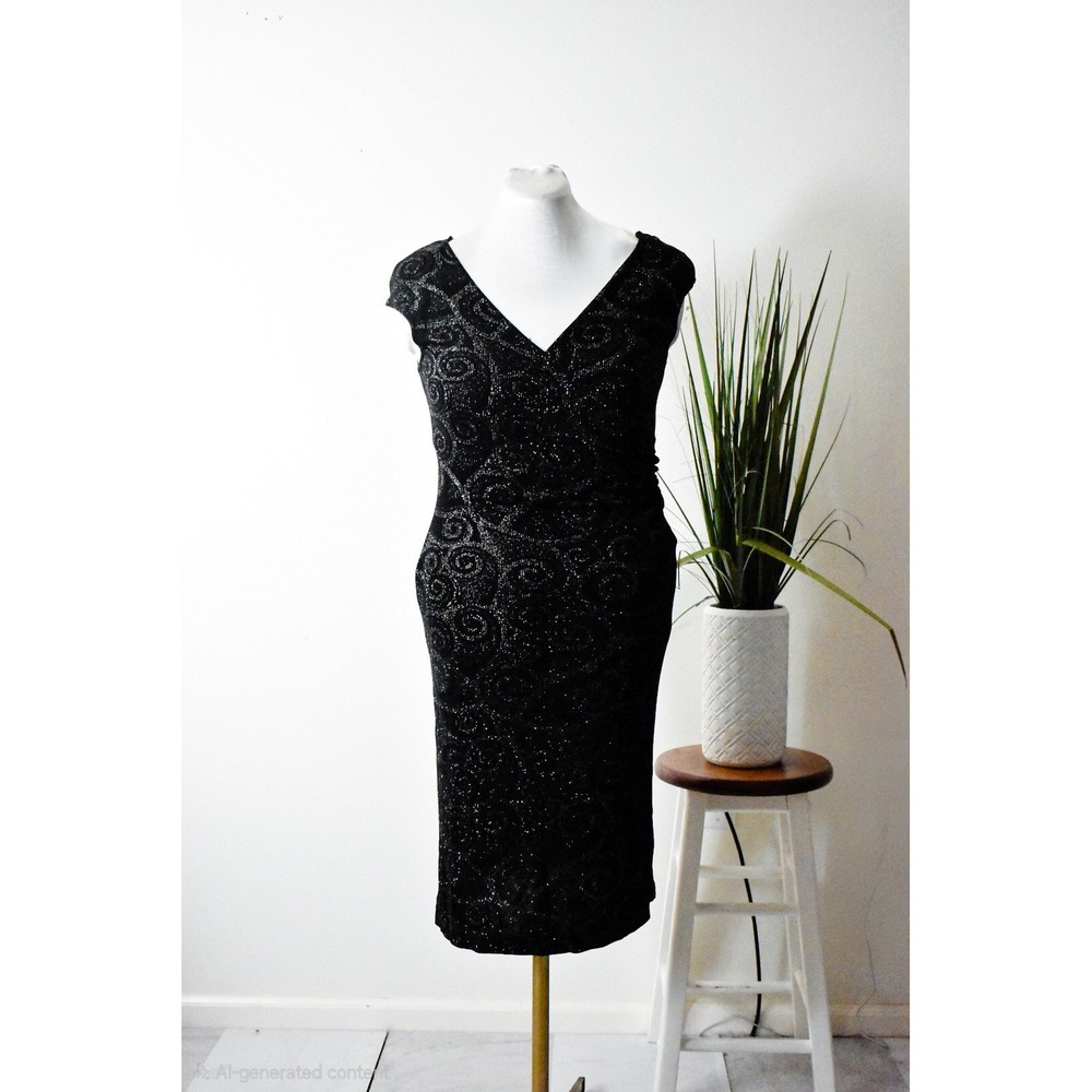 Connected Apparel Cocktail Dress Womens 10 Black Silver Glitter Swirl 90s V-Neck